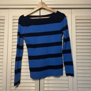 Tommy Hilfiger Blue and Black Striped Boatneck Long Sleeve sweater